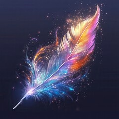 Wall Mural - Luminous Feather of Enchantment, A vibrant feather radiating a magical glow, adorned with sparkling particles, set against a clear backdrop.