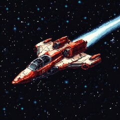 Wall Mural - Pixelated spaceship soaring through the cosmos, vibrant colors, transparent backdrop, ideal for digital art and design projects