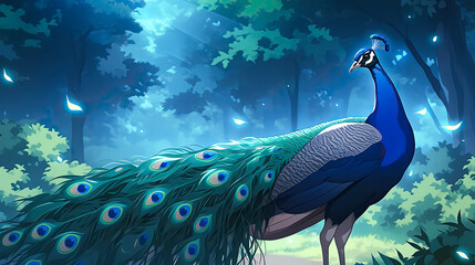 Wall Mural - A peacock standing in the woods with its iridescent feathers spread displaying vibrant colors in a natural setting surrounded by trees and foliage