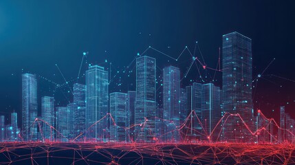 Poster - Digital Cityscape Networked Skyline, Data Flow, Futuristic Urban Growth