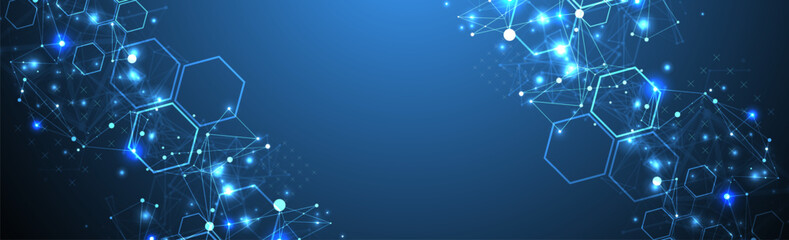 Leinwandbilder - Abstract scientific vector background. Interweaving on a dark blue gradient of hexagons of different shapes with a plexus effect.