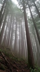 Wall Mural - Tall green trees surrounded by mist in a serene forest during a quiet morning