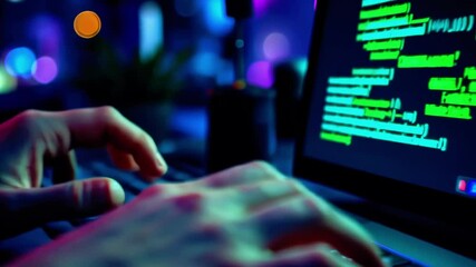Close-up of hands typing on a laptop displaying colorful code in a dimly lit tech environment