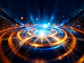 Poster - Glowing concentric circles of blue and orange light radiate energy, creating a mesmerizing futuristic scene with sparkling bokeh.