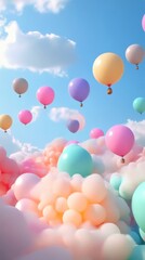 Wall Mural - Colorful balloons floating against a bright blue sky during a sunny day in a festive atmosphere