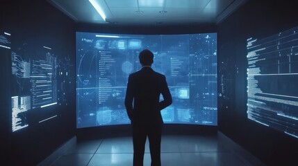 Aufkleber - Executive reviewing data on futuristic screens in dark office