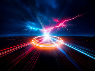Poster - Intense blue and orange light emanates from a glowing circular platform, radiating outwards in a dark, abstract scene.  The light creates a sense of energy and power.