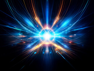 Poster - Bright light bursts from the center with radiating blue and orange lines on a dark backdrop, creating an abstract and energetic futuristic design.