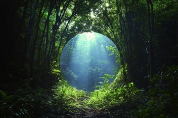 Wall Mural - Sunlight filters through a circular opening in a lush green forest at midday