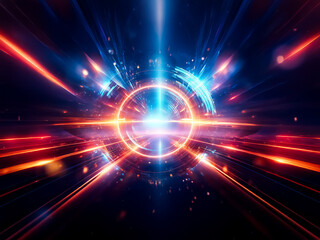 Poster - A vibrant, glowing ring pulsates with energy, surrounded by swirling particles and bright light streaks against a dark backdrop.  The central light source emits a powerful, intense beam.