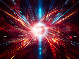 Poster - Abstract digital art depicting a futuristic, symmetrical tunnel with vibrant streaks of light converging towards a central glowing circle.  The colors are predominantly deep blues, oranges, and blacks