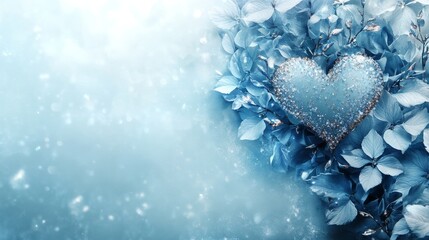 Wall Mural - Frozen Heart, A Winter Dreamscape of Icy Blue Hydrangeas and Sparkling Love