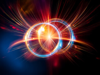 Poster - Intertwined luminous rings, one blue, one gold, glow brightly against a dark background.  The light creates a radiant, almost ethereal effect.