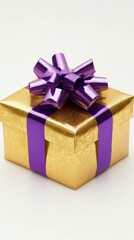 Wall Mural - Golden gift box with purple ribbon against a festive background filled with bokeh lights