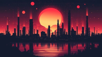 Aufkleber - Futuristic city skyline reflecting in lake at sunset, fiery glow