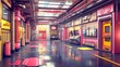 © yoga - Futuristic corridor interior, vibrant shops, sleek design, city background, game concept art