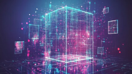 Futuristic data cube glowing, network background, digital tech concept