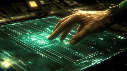 Leinwandbilder - Futuristic Interface Hand Touching Green Screen Control Panel