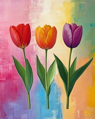 Canvas Print - Three vibrant tulips in red, orange, and purple against a colorful abstract background.