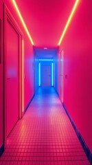 Wall Mural - Bright neon corridor illuminated with pink and blue lights in a modern building