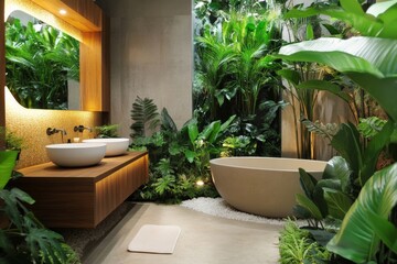 Wall Mural - Elegant bathroom design featuring modern fixtures and natural greenery in a bright space