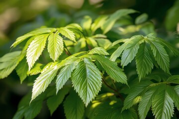 Poster - Green leaves glisten under sunlight in a lush garden during springtime