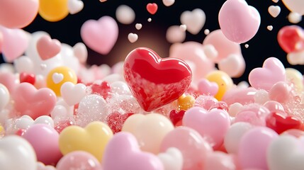 Wall Mural - Colorful heart-shaped bubbles overflowing from a box creating a joyful scene