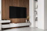 Modern living room interior with wooden panel wall and built-in TV. 3D Rendering