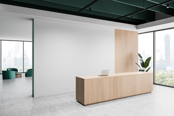 Wall Mural - Modern reception area with wooden desk and white wall in office interior. 3D Rendering