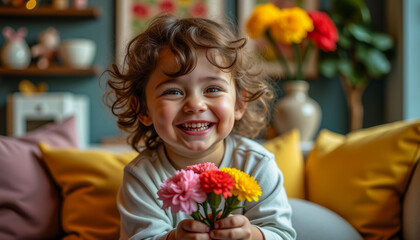 Sticker - A young girl is holding a bouquet of flowers and smiling. The flowers are a mix of pink and orange, and they are arranged in a vase. Concept of happiness and joy