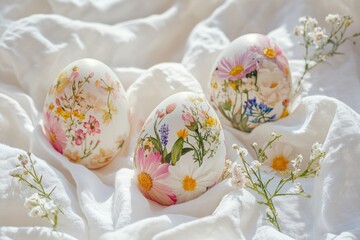 Poster - Three Easter eggs with delicate floral designs, showcasing the craftsmanship and vibrant pastel colors of traditional spring decorations.