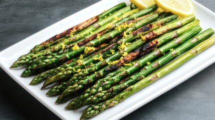 Poster - A delicious and healthy side dish, crispy grilled asparagus spears with lemon wedges on a clean white plate.