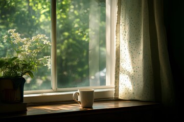 Canvas Print - Morning light streams through window illuminating coffee cup and leafy plant on wooden sill