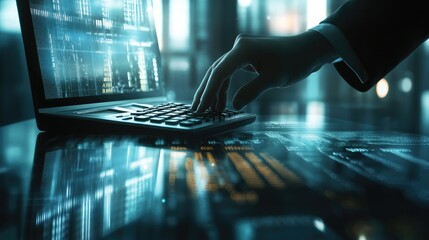 Cybersecurity Professional Working on Laptop, Analyzing Data and Code
