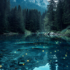 Wall Mural - fireflies at dusk, large lake with crystal clear water