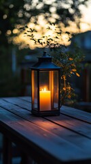 Wall Mural - Cozy candle lantern on a wooden table with flowers in a warm cafe setting during evening hours