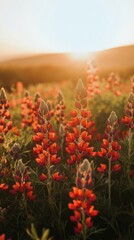 Sticker - Vibrant pink flowers blooming at sunset in a serene field