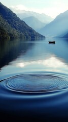 Wall Mural - Serenity in nature with ripples on calm water and a distant boat at dawn