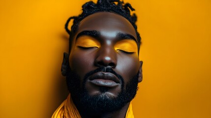 Close-Up Portrait of Man with Bold Yellow Makeup on Vibrant Background