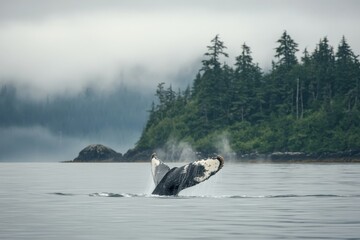 Wall Mural - Humpback whale gracefully swimming in deep ocean waters during daylight