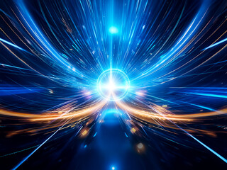 Aufkleber - Abstract digital art depicting a futuristic, high-speed tunnel.  Glowing blue light streaks radiate from a central, reflective ring, creating a sense of motion and energy.