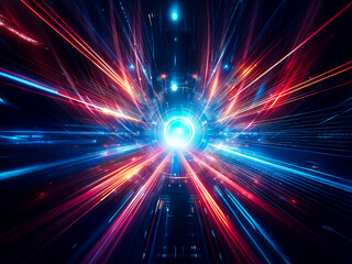 Aufkleber - Abstract digital art depicting a futuristic, glowing portal with vibrant streaks of light radiating outwards in a symmetrical pattern. The central element is a circular mechanism, suggesting technolog
