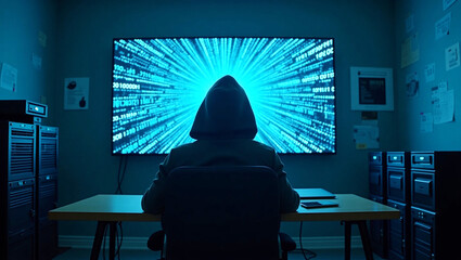 a hooded hacker in a dark room with digital code on a screen, symbolizing cyber threats and digital 