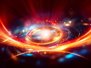 Poster - Bright light bursts from a central glowing ring, radiating vibrant orange and blue energy trails. Abstract, dynamic, and visually captivating.