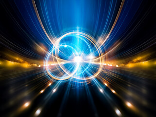 Aufkleber - Abstract image of glowing blue and gold concentric circles, creating a dynamic, energy-filled sphere against a dark background.  The light trails suggest movement and power.