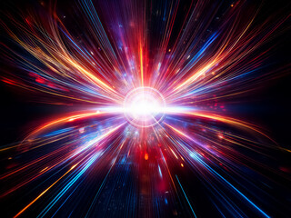 Poster - Abstract image depicting vibrant light streaks converging on a central glowing ring, suggesting rapid movement or energy flow within a dark, space-like environment.