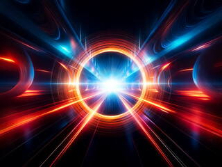 Poster - Abstract tunnel of glowing red and blue light streaks converging at a bright center.  Dynamic, futuristic, and energetic, creating a sense of motion and depth.