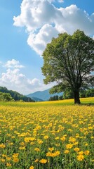 Wall Mural - Bright meadow with yellow flowers under a clear blue sky and vibrant green trees