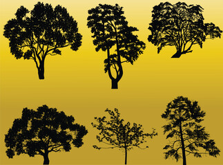 Wall Mural - six trees isolated silhouettes on yellow
