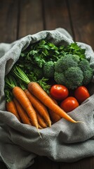 Sticker - Fresh vegetables arranged neatly in a clear bag on a wooden surface in a kitchen setting